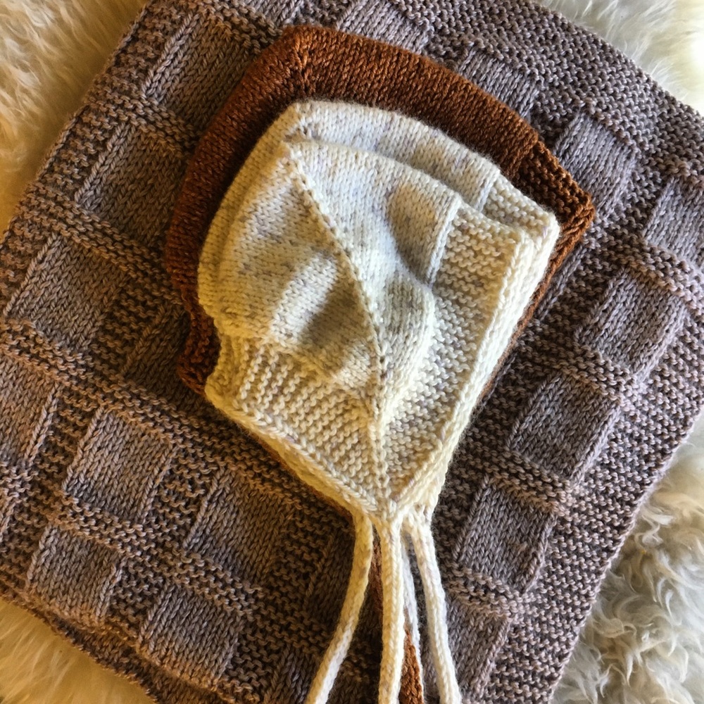 “Elfling Bonnet” Hand Knit Bonnet in Lavender Dot